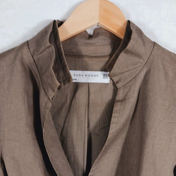 Zara Woman Tan/Brown Linen Jacket Pleated Back, Tie Waist Sz MED Earthy Neutral - Picture 4 of 16